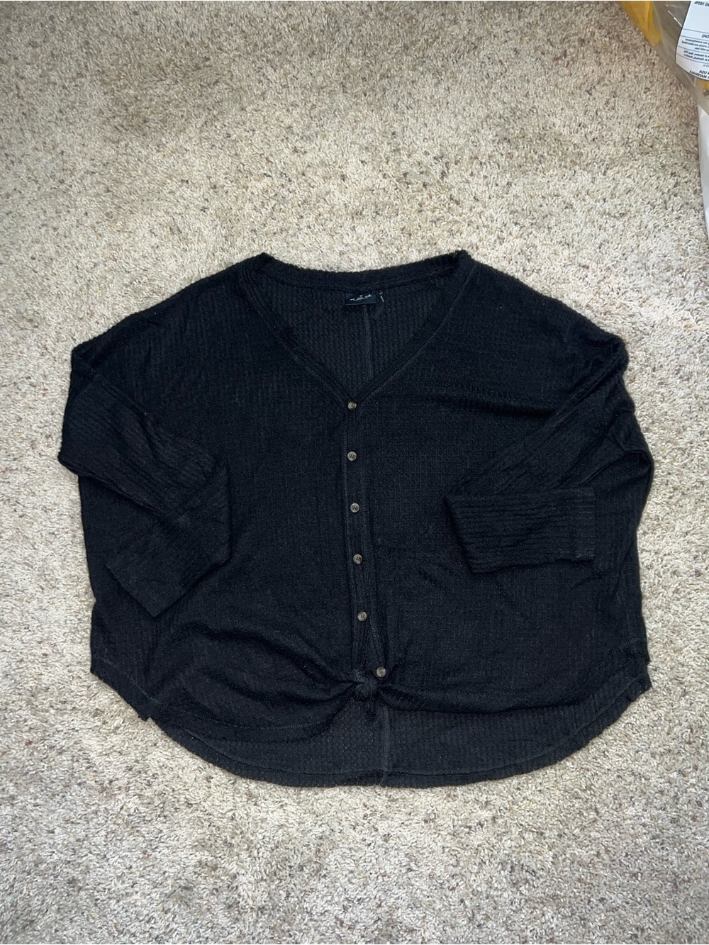 Urban Outfitters Black Button-Front Knit Top with Front Tie